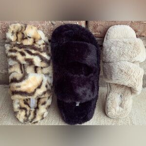 Qupid Women's Furry Slippers - Leopard, Black, Cream